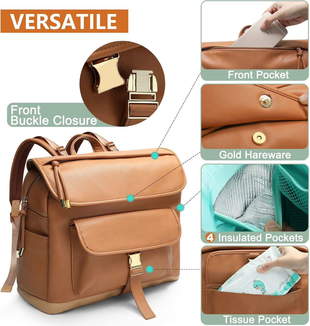 Diaper Bag Backpack, 12 Pockets Leather Mini Diaper Bag, Baby Bag Backpack, Baby Registry Search, 4 Insulated Pockets, Changing Pad, Stroller Straps(Brown)