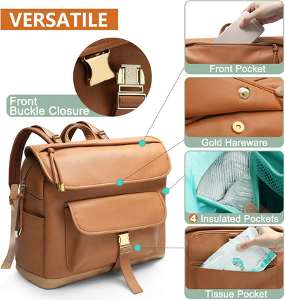Diaper Bag Backpack, 12 Pockets Leather Mini Diaper Bag, Baby Bag Backpack, Baby Registry Search, 4 Insulated Pockets, Changing Pad, Stroller Straps(Brown)