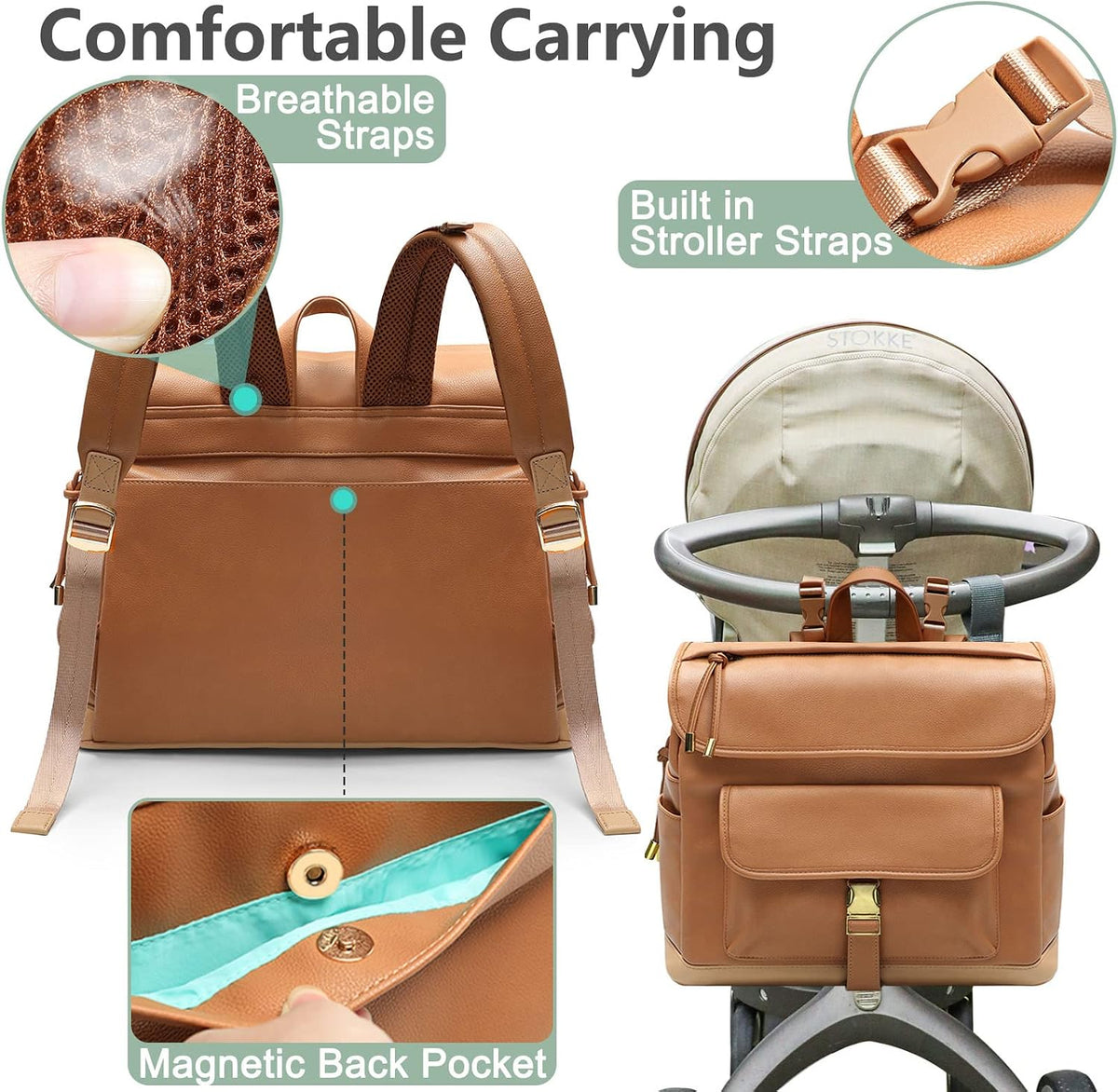 Diaper Bag Backpack, 12 Pockets Leather Mini Diaper Bag, Baby Bag Backpack, Baby Registry Search, 4 Insulated Pockets, Changing Pad, Stroller Straps(Brown)