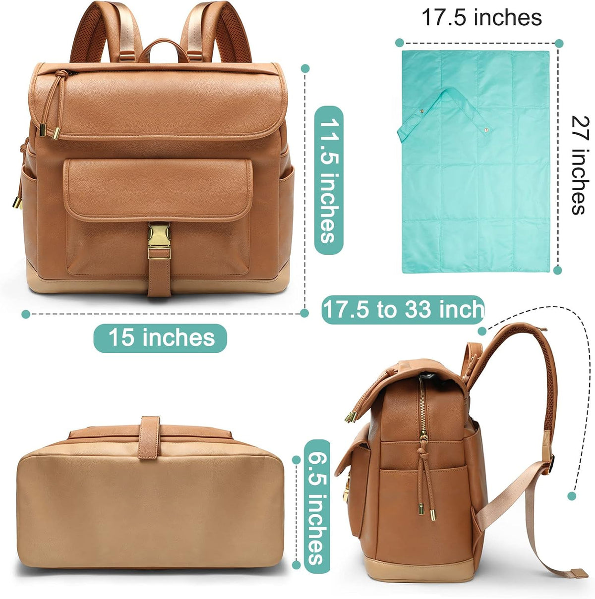 Diaper Bag Backpack, 12 Pockets Leather Mini Diaper Bag, Baby Bag Backpack, Baby Registry Search, 4 Insulated Pockets, Changing Pad, Stroller Straps(Brown)