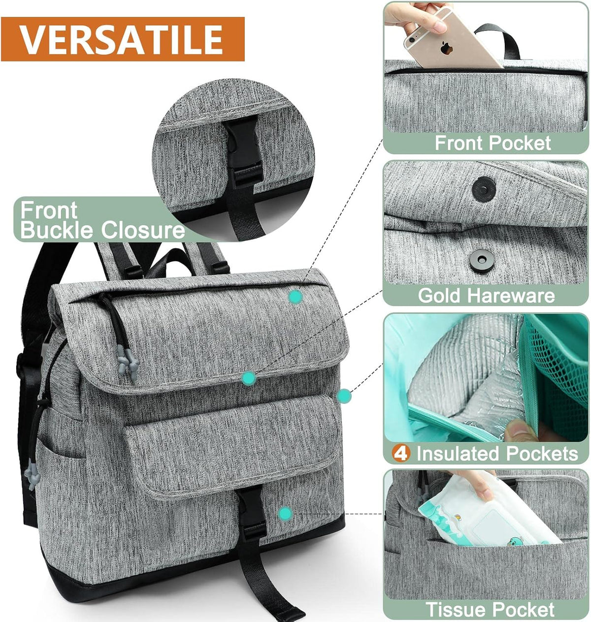 Diaper Bag Backpack, 12 Pockets Leather Mini Diaper Bag, Baby Bag Backpack, Baby Registry Search, 4 Insulated Pockets, Changing Pad, Stroller Straps(Brown)