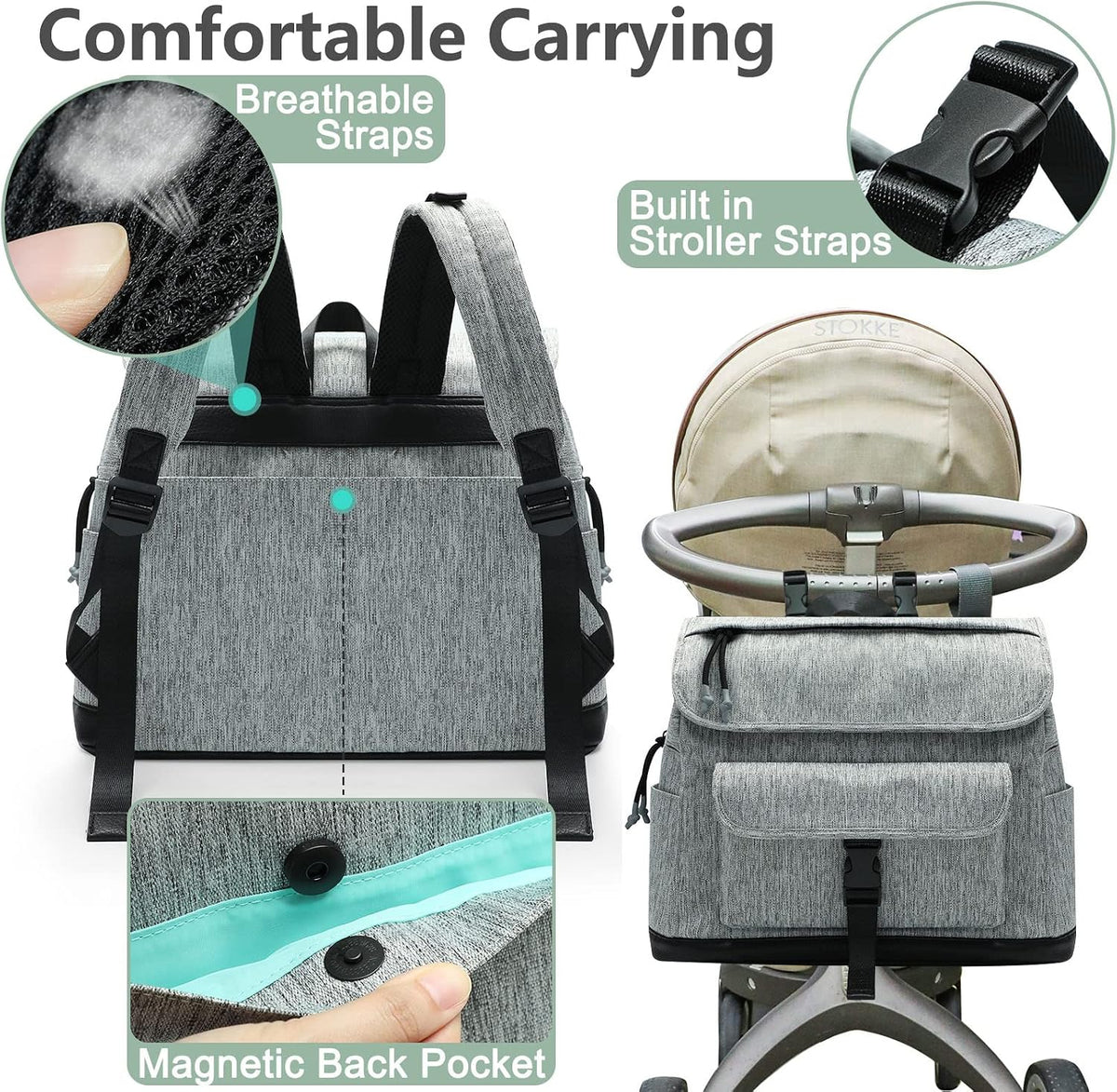 Diaper Bag Backpack, 12 Pockets Leather Mini Diaper Bag, Baby Bag Backpack, Baby Registry Search, 4 Insulated Pockets, Changing Pad, Stroller Straps(Brown)