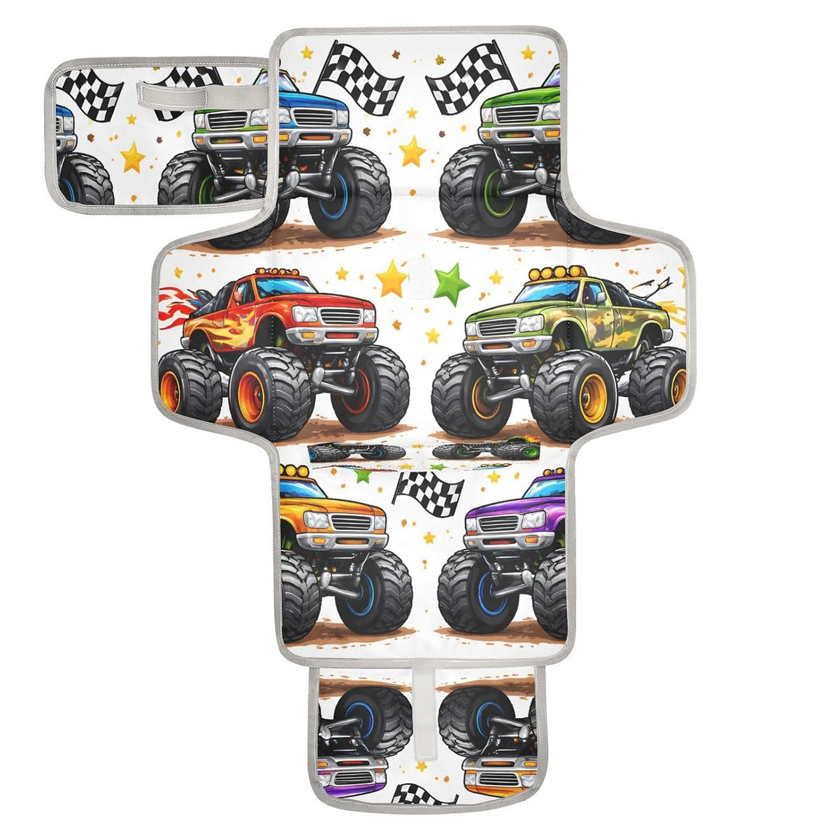 Racing Monster Trucks Portable Diaper Changing Pad, Waterproof Baby Changing Mat with Storage Pocket & Built-in Pillow, Foldable Travel Pad, Newborn Gift Set for Boy Girl