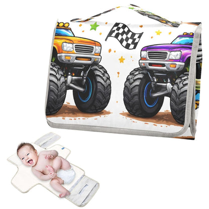 Racing Monster Trucks Portable Diaper Changing Pad, Waterproof Baby Changing Mat with Storage Pocket & Built-in Pillow, Foldable Travel Pad, Newborn Gift Set for Boy Girl