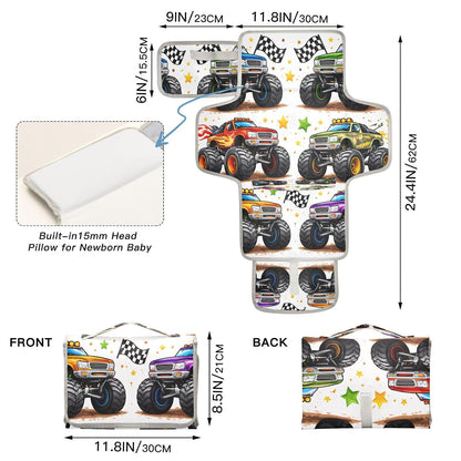 Racing Monster Trucks Portable Diaper Changing Pad, Waterproof Baby Changing Mat with Storage Pocket & Built-in Pillow, Foldable Travel Pad, Newborn Gift Set for Boy Girl