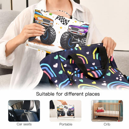 Racing Monster Trucks Portable Diaper Changing Pad, Waterproof Baby Changing Mat with Storage Pocket & Built-in Pillow, Foldable Travel Pad, Newborn Gift Set for Boy Girl
