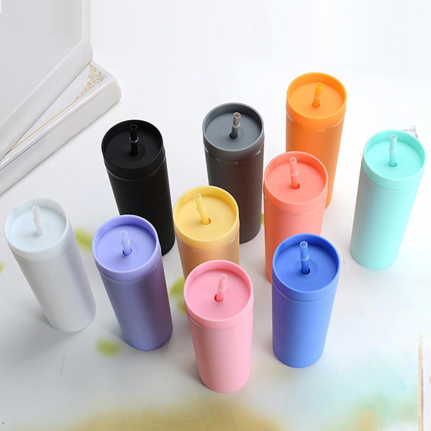 Plastic Cups with Straws and Lids Double Wall Insulated Acrylic Tumblers with Straw and Lid, 16 oz, Fashion Water Cup Double Layer Bottle Straw Cup Straight Body Cups (Blue)
