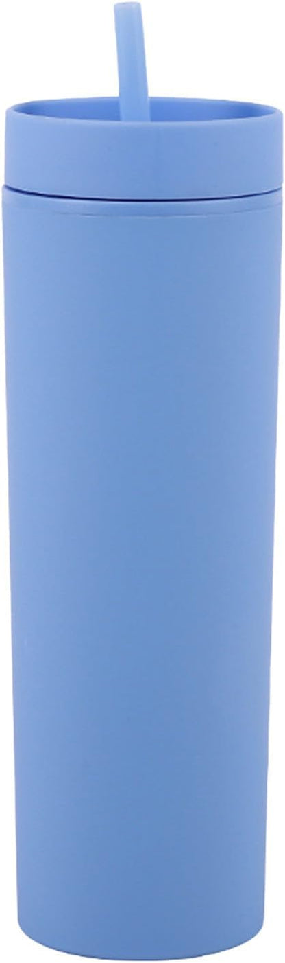 Plastic Cups with Straws and Lids Double Wall Insulated Acrylic Tumblers with Straw and Lid, 16 oz, Fashion Water Cup Double Layer Bottle Straw Cup Straight Body Cups (Blue)