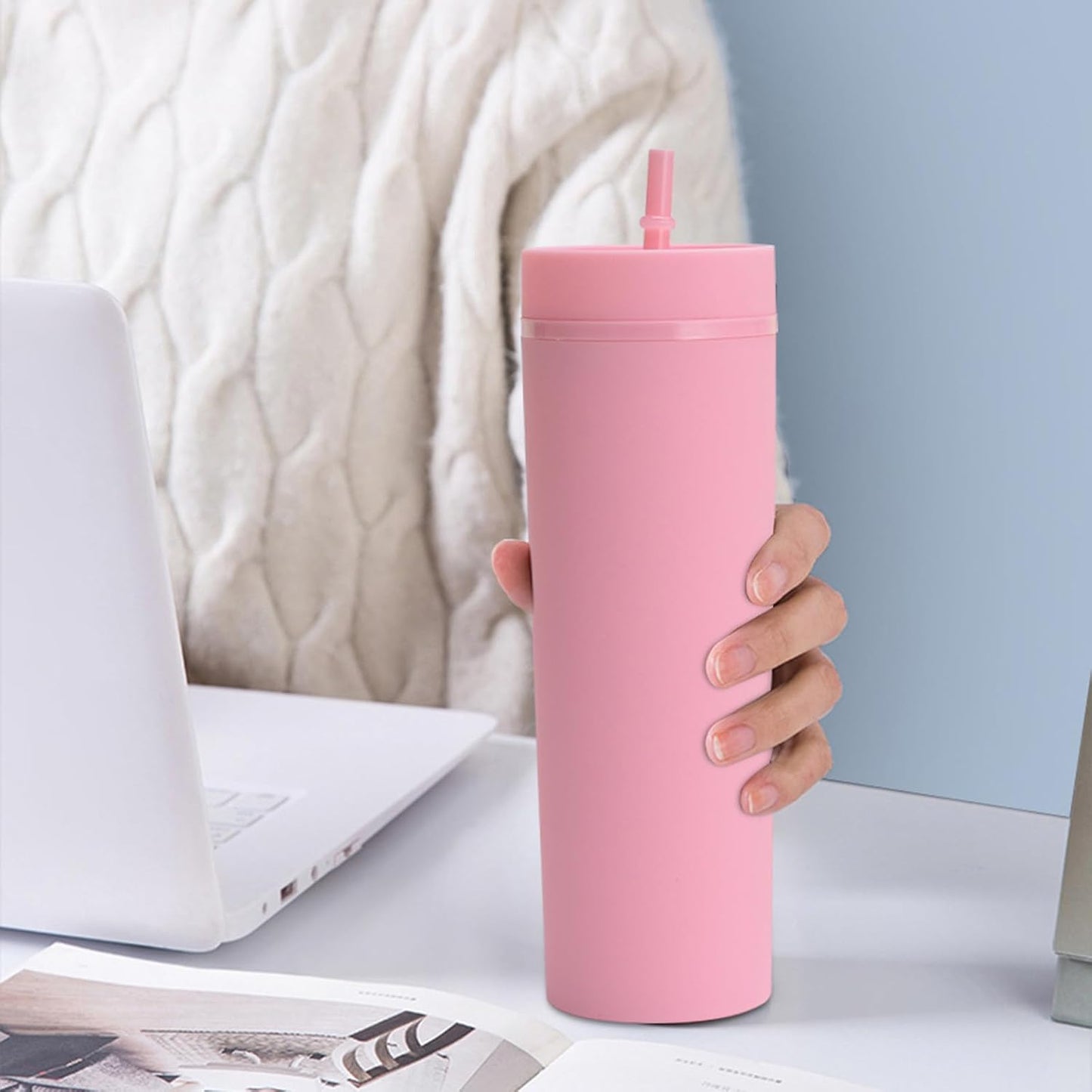 Plastic Cups with Straws and Lids Double Wall Insulated Acrylic Tumblers with Straw and Lid, 16 oz, Fashion Water Cup Double Layer Bottle Straw Cup Straight Body Cups (Blue)