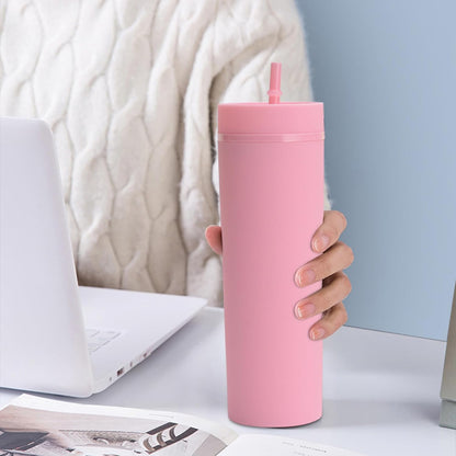 Plastic Cups with Straws and Lids Double Wall Insulated Acrylic Tumblers with Straw and Lid, 16 oz, Fashion Water Cup Double Layer Bottle Straw Cup Straight Body Cups (Blue)