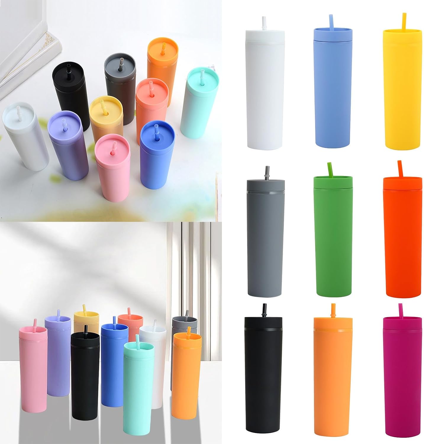 Plastic Cups with Straws and Lids Double Wall Insulated Acrylic Tumblers with Straw and Lid, 16 oz, Fashion Water Cup Double Layer Bottle Straw Cup Straight Body Cups (Blue)