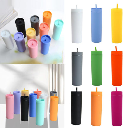 Plastic Cups with Straws and Lids Double Wall Insulated Acrylic Tumblers with Straw and Lid, 16 oz, Fashion Water Cup Double Layer Bottle Straw Cup Straight Body Cups (Blue)