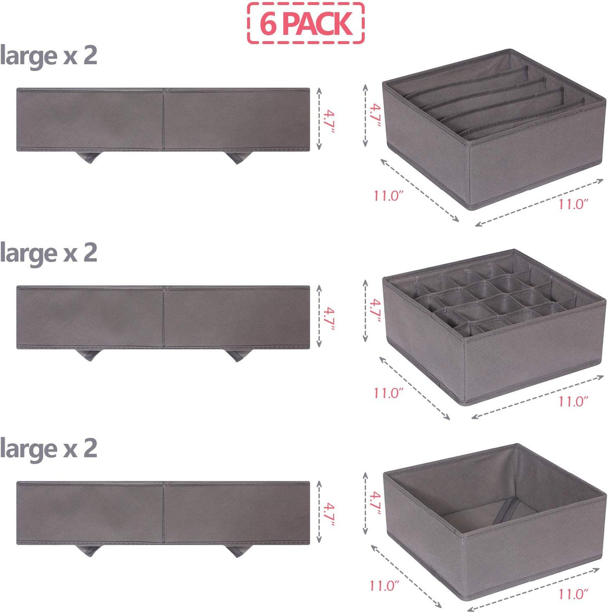 6 Pack Foldable Cloth Storage Box Closet Dresser Drawer Organizer Fabric Baskets Bins Containers Divider for Clothes Underwear Bras Socks Lingerie Clothing, M Grey 22-2000