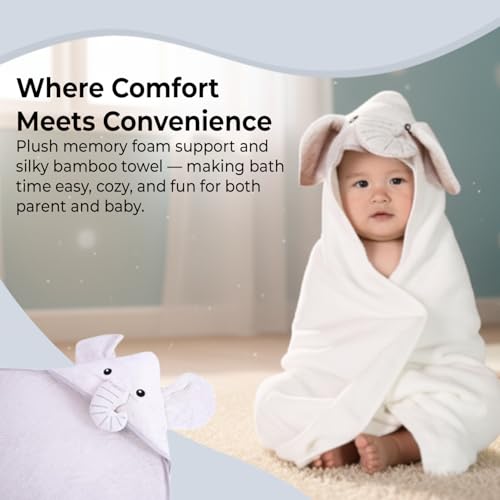 Gray Bath Kneeler & Elbow Rest Pad Set, Baby Bath Towel, Hooded, Elephant