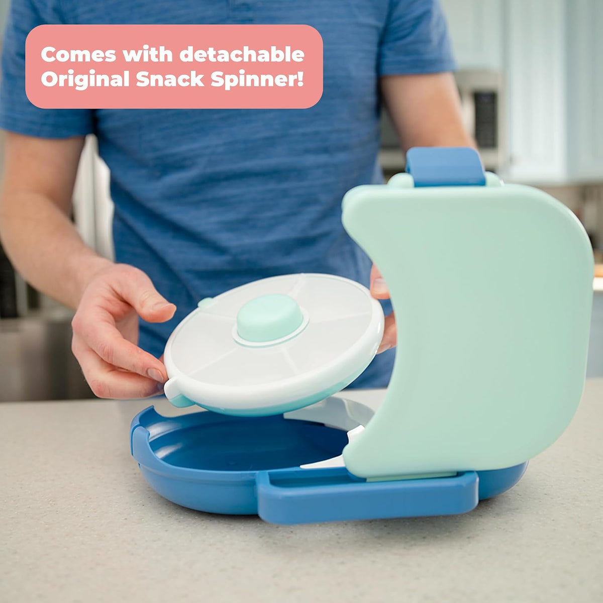 Lunchbox with Small Snack Spinner Flip - Bundle with Hand Strap & Sticker Sheet, 2-in-1 Bento Style Lunch Container, 5 Small +1 Large Sandwich Compartment, BPA & PVC Free - Mint Green