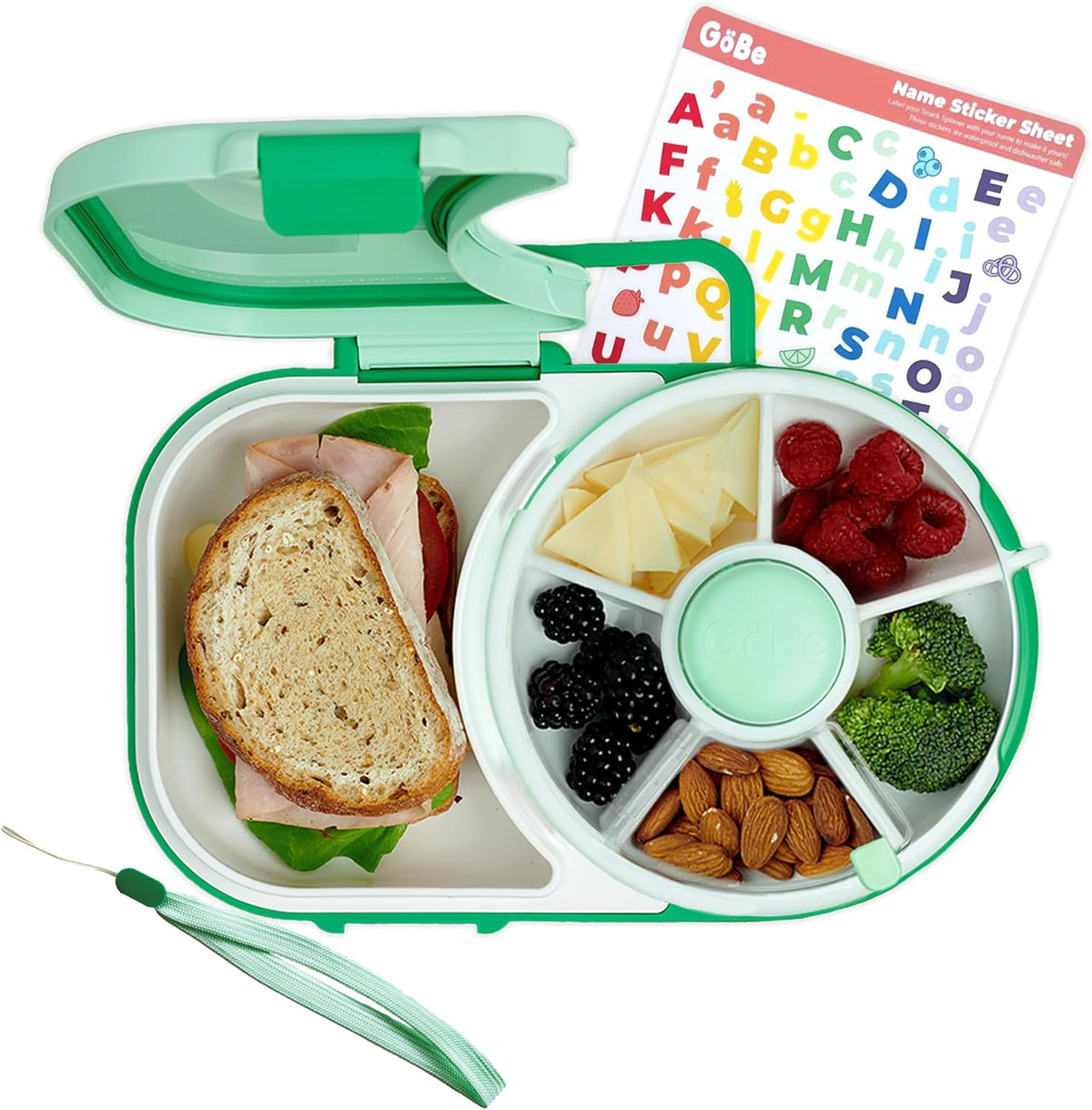 Lunchbox with Small Snack Spinner Flip - Bundle with Hand Strap & Sticker Sheet, 2-in-1 Bento Style Lunch Container, 5 Small +1 Large Sandwich Compartment, BPA & PVC Free - Mint Green