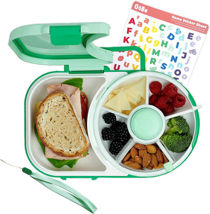 Lunchbox with Small Snack Spinner Flip - Bundle with Hand Strap & Sticker Sheet, 2-in-1 Bento Style Lunch Container, 5 Small +1 Large Sandwich Compartment, BPA & PVC Free - Mint Green