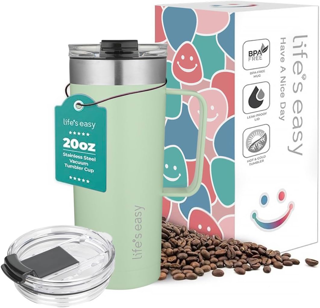 20oz Stainless Steel Mug w/Handle - Double Wall Insulated Travel Tumbler w/Flip Lid - Leak Proof Tumbler-Thermal Cup for Coffee, Tea & More - Keep Hot & Cold Drinks (Mint Green, 20 oz)