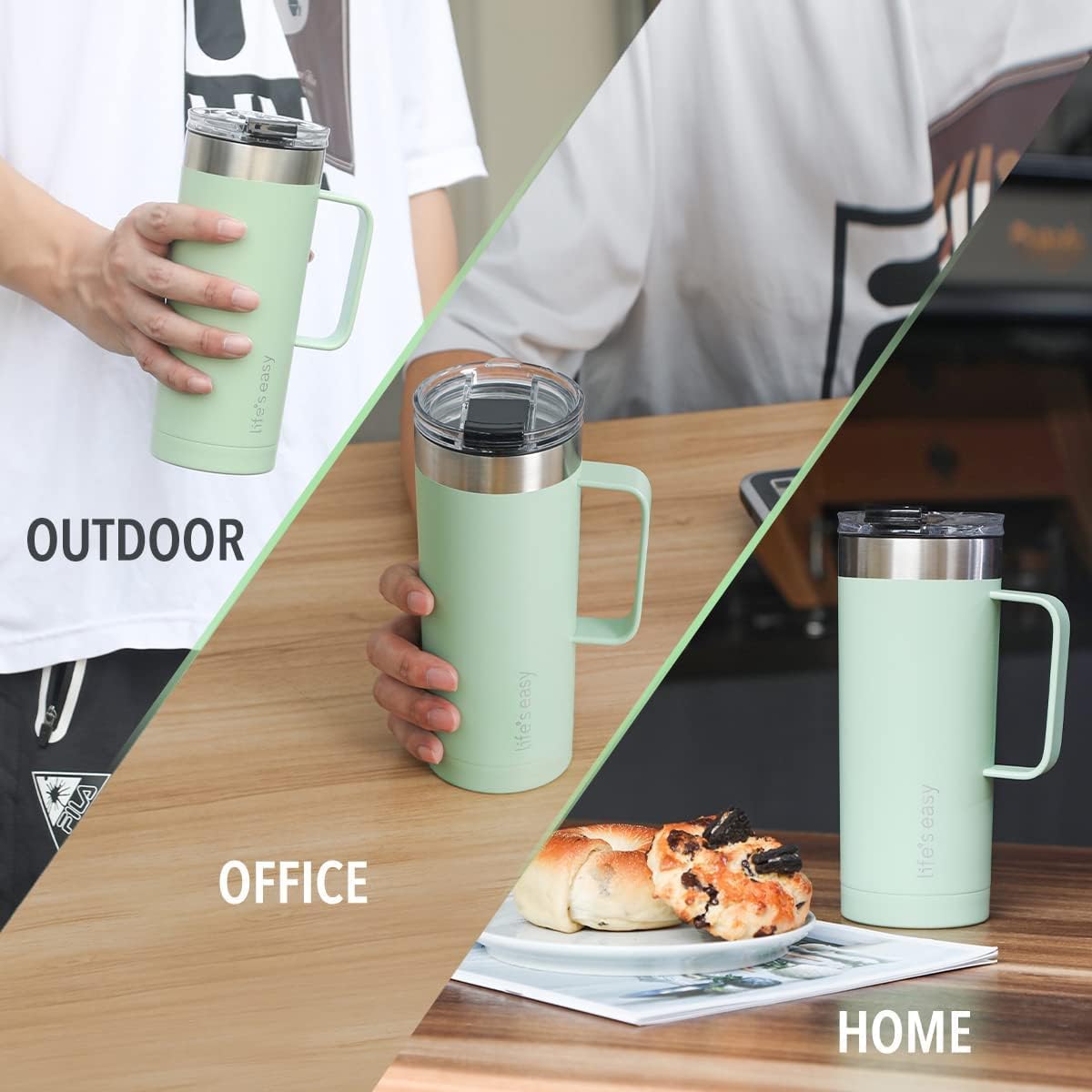 20oz Stainless Steel Mug w/Handle - Double Wall Insulated Travel Tumbler w/Flip Lid - Leak Proof Tumbler-Thermal Cup for Coffee, Tea & More - Keep Hot & Cold Drinks (Mint Green, 20 oz)