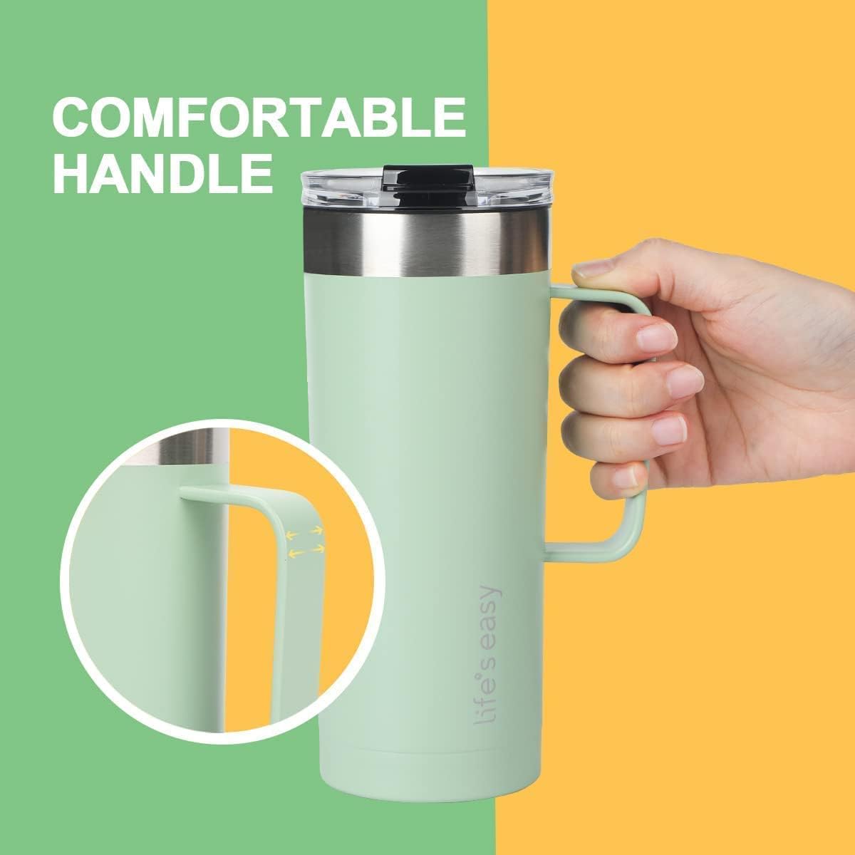 20oz Stainless Steel Mug w/Handle - Double Wall Insulated Travel Tumbler w/Flip Lid - Leak Proof Tumbler-Thermal Cup for Coffee, Tea & More - Keep Hot & Cold Drinks (Mint Green, 20 oz)