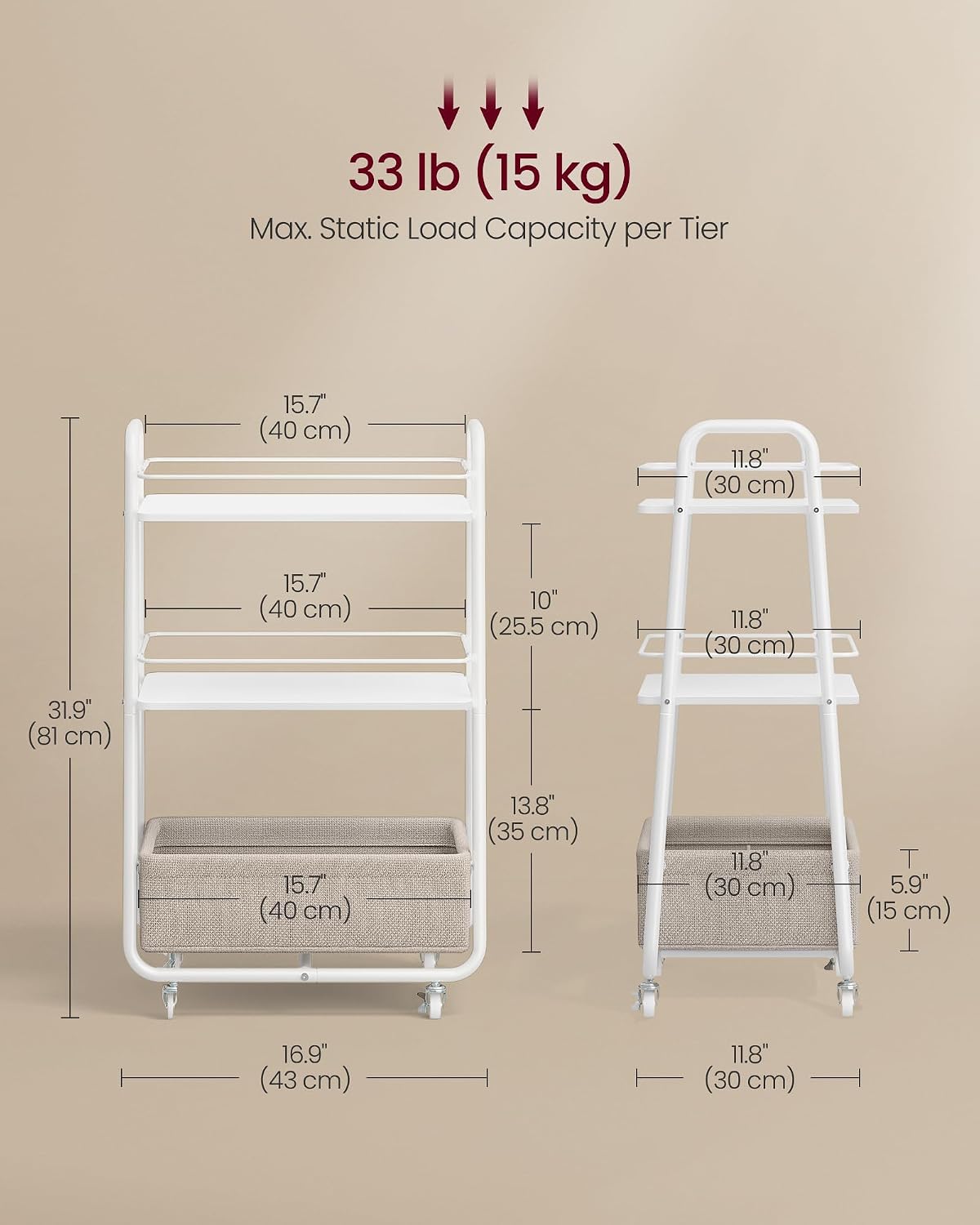 VASAGLE Storage Cart with Fabric Basket, 3-Tier Rolling Utility Cart