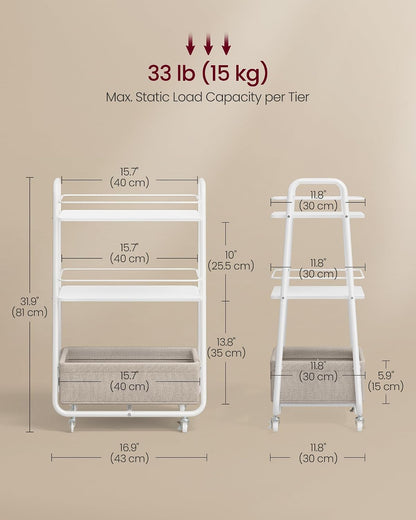 VASAGLE Storage Cart with Fabric Basket, 3-Tier Rolling Utility Cart