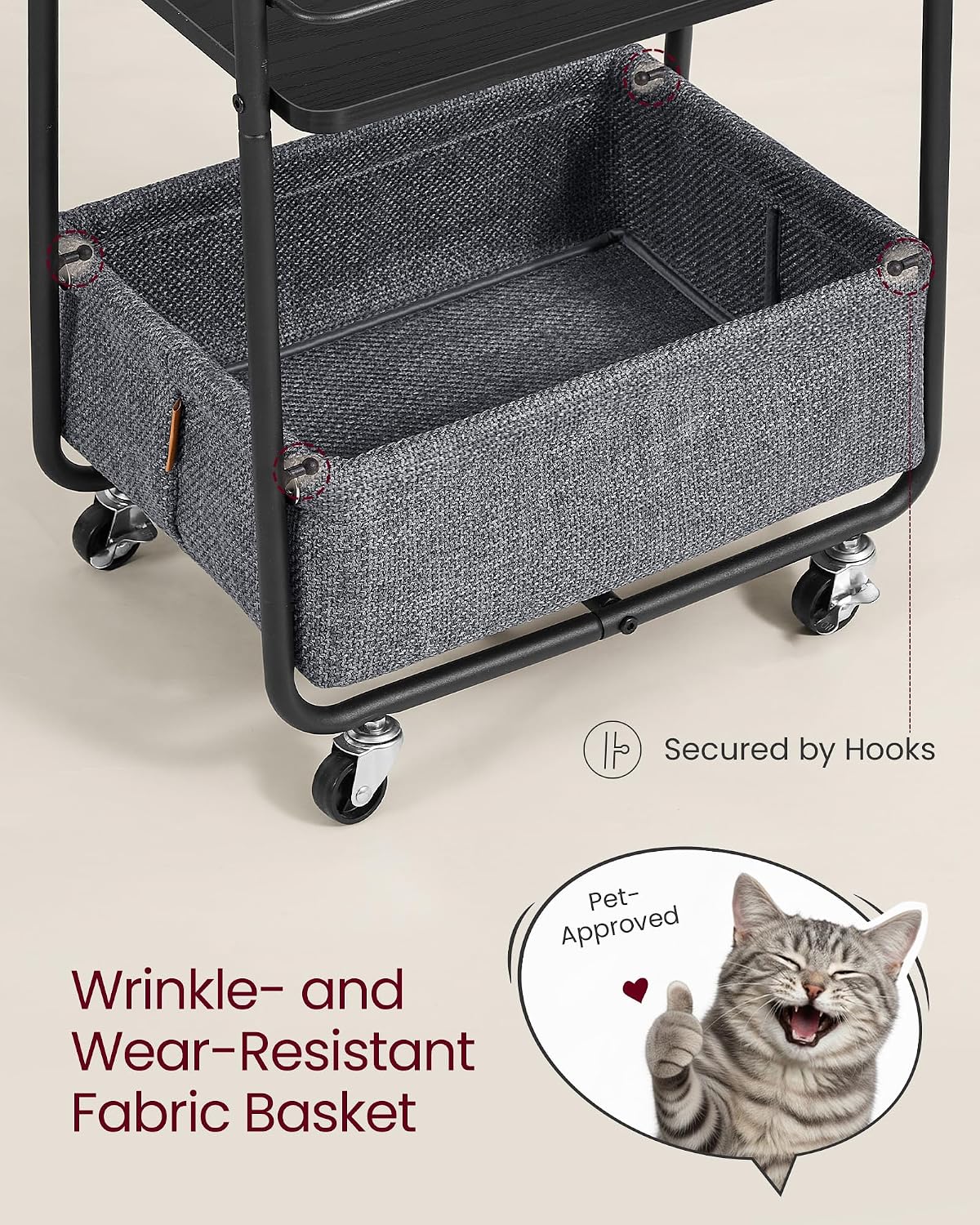 VASAGLE Storage Cart with Fabric Basket, 3-Tier Rolling Utility Cart