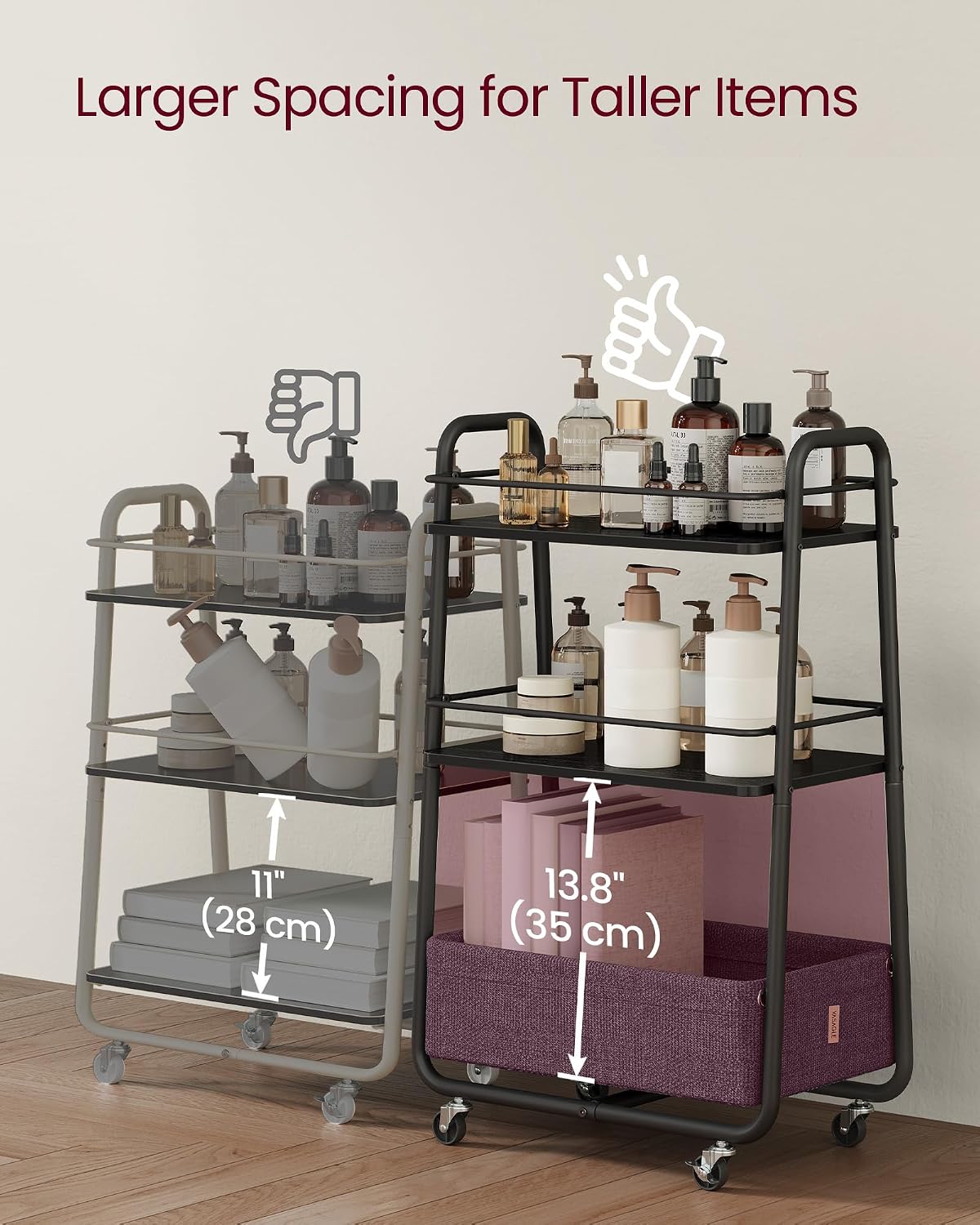 VASAGLE Storage Cart with Fabric Basket, 3-Tier Rolling Utility Cart