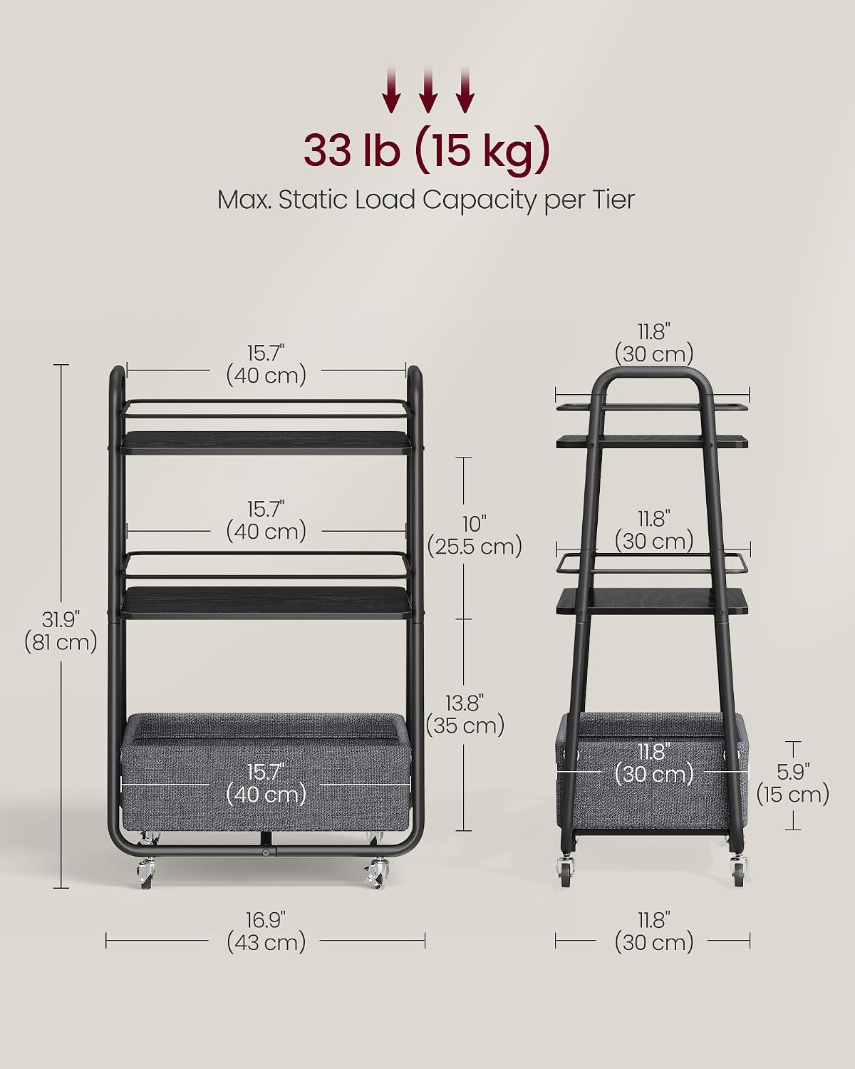 VASAGLE Storage Cart with Fabric Basket, 3-Tier Rolling Utility Cart