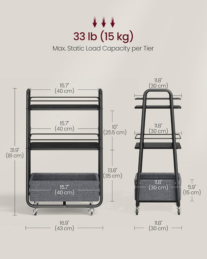 VASAGLE Storage Cart with Fabric Basket, 3-Tier Rolling Utility Cart