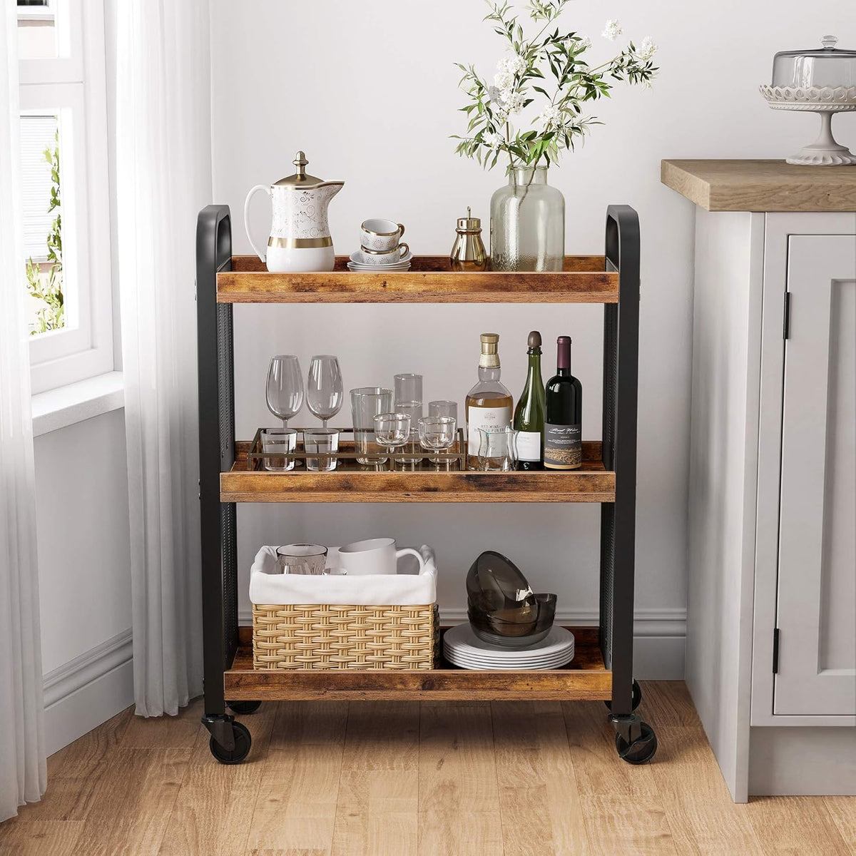 VASAGLE Storage Cart with Fabric Basket, 3-Tier Rolling Utility Cart
