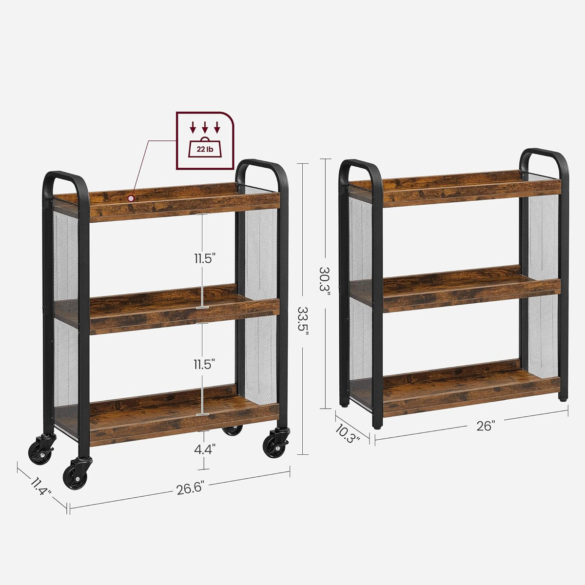 VASAGLE Storage Cart with Fabric Basket, 3-Tier Rolling Utility Cart