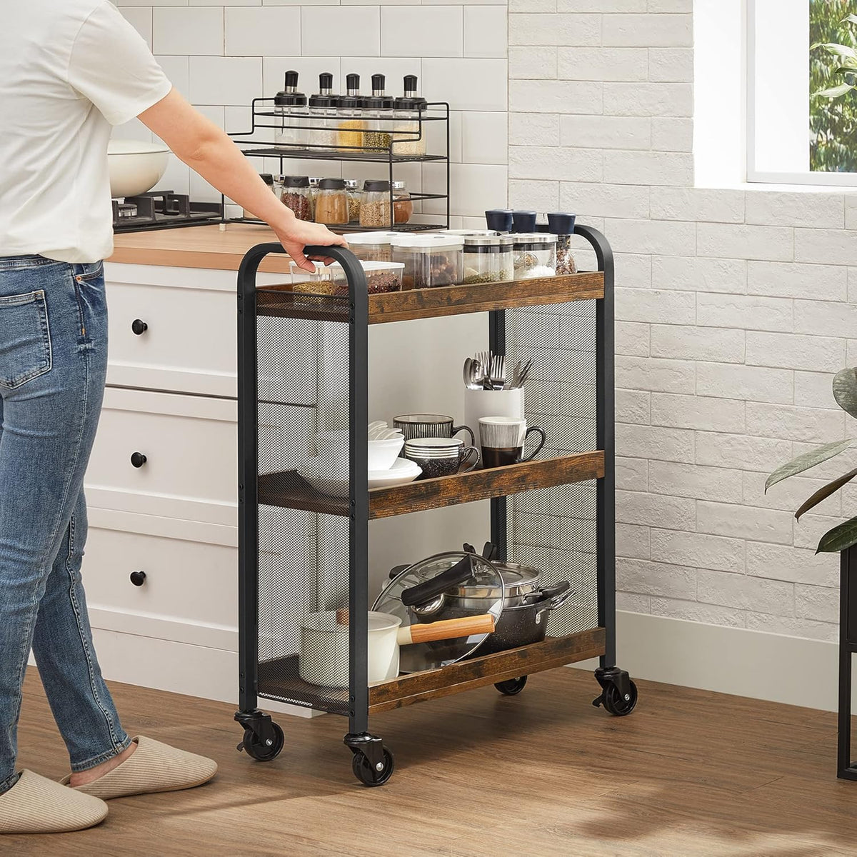 VASAGLE Storage Cart with Fabric Basket, 3-Tier Rolling Utility Cart