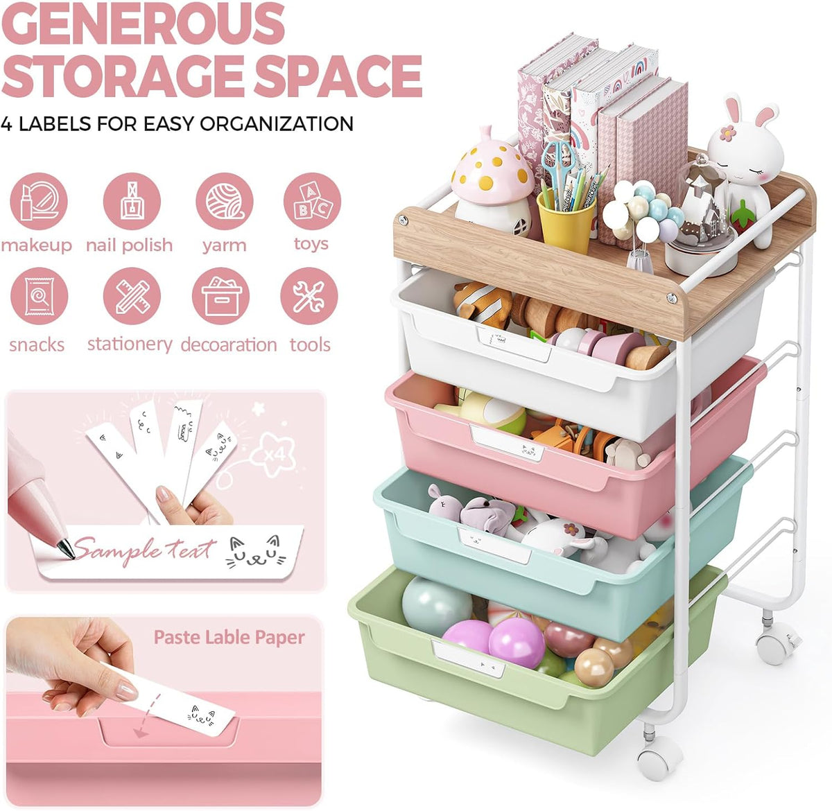 Rolling Storage Utility Cart with 5 Drawers,Colorful