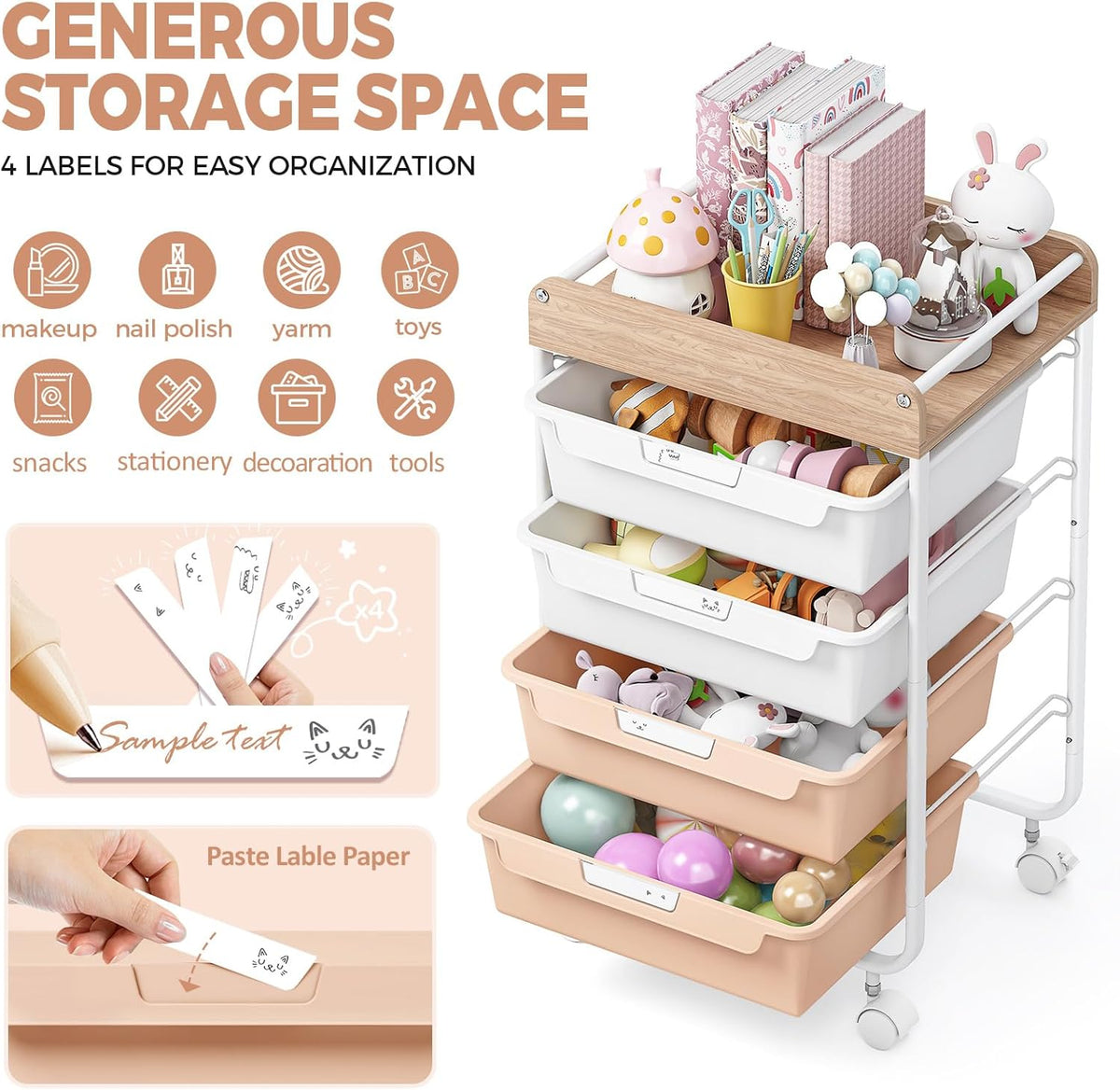 Rolling Storage Utility Cart with 5 Drawers,Colorful