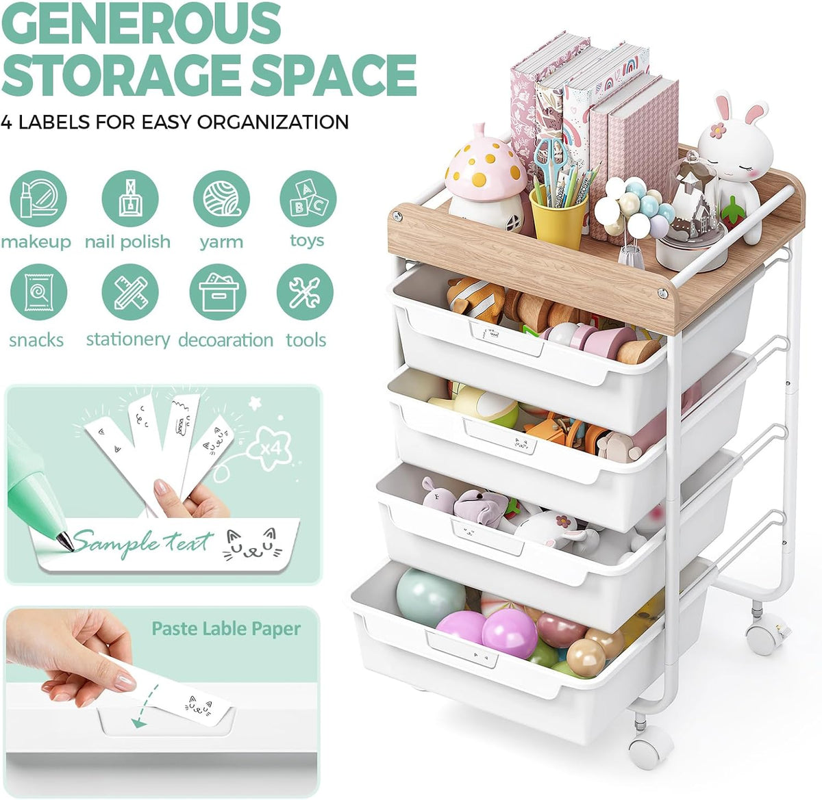 Rolling Storage Utility Cart with 5 Drawers,Colorful