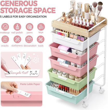 Rolling Storage Utility Cart with 5 Drawers,Colorful