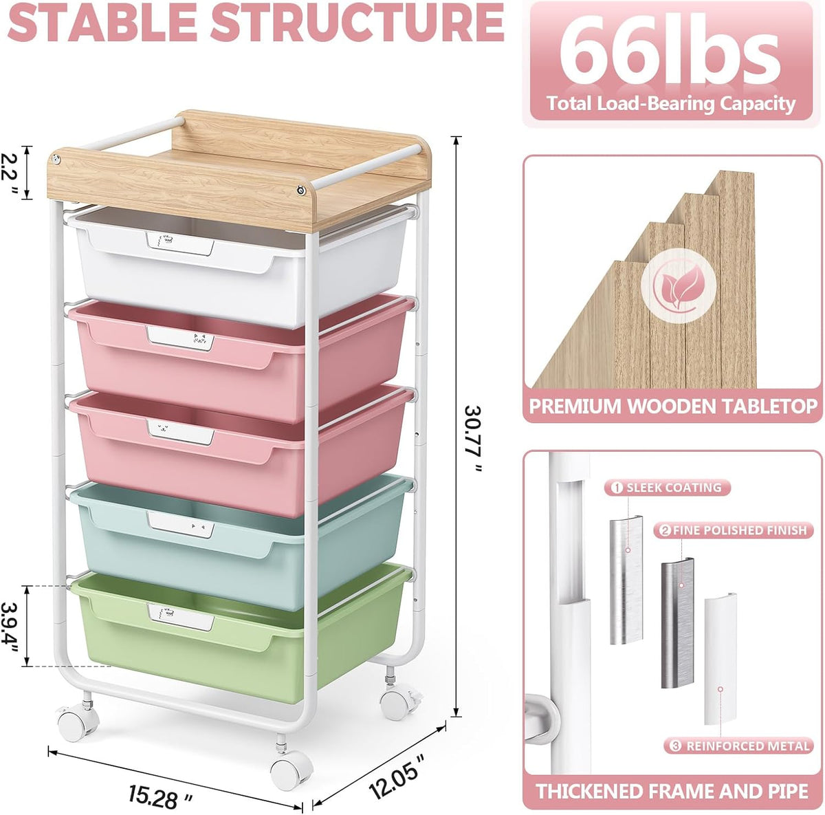 Rolling Storage Utility Cart with 5 Drawers,Colorful