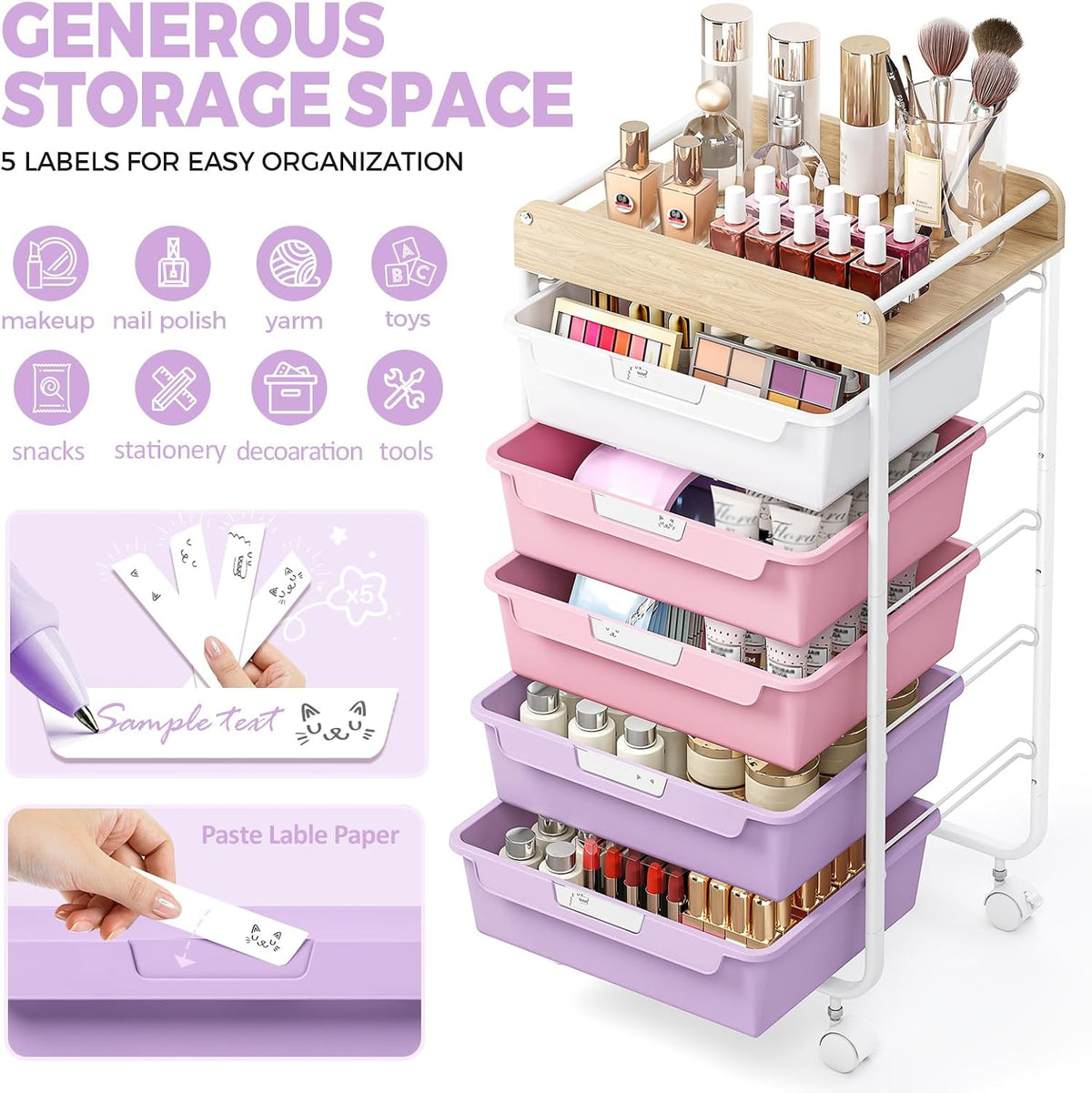 Rolling Storage Utility Cart with 5 Drawers,Colorful