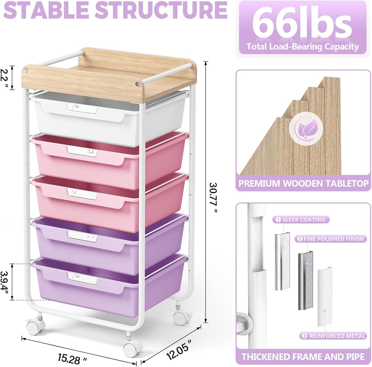 Rolling Storage Utility Cart with 5 Drawers,Colorful