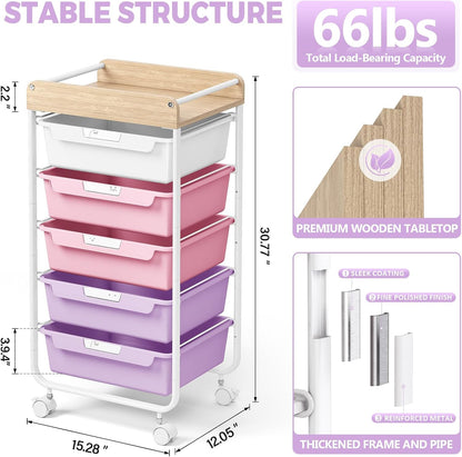 Rolling Storage Utility Cart with 5 Drawers,Colorful