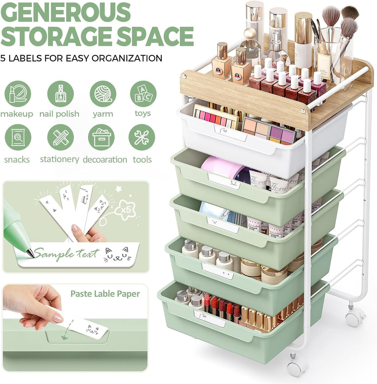 Rolling Storage Utility Cart with 5 Drawers,Colorful