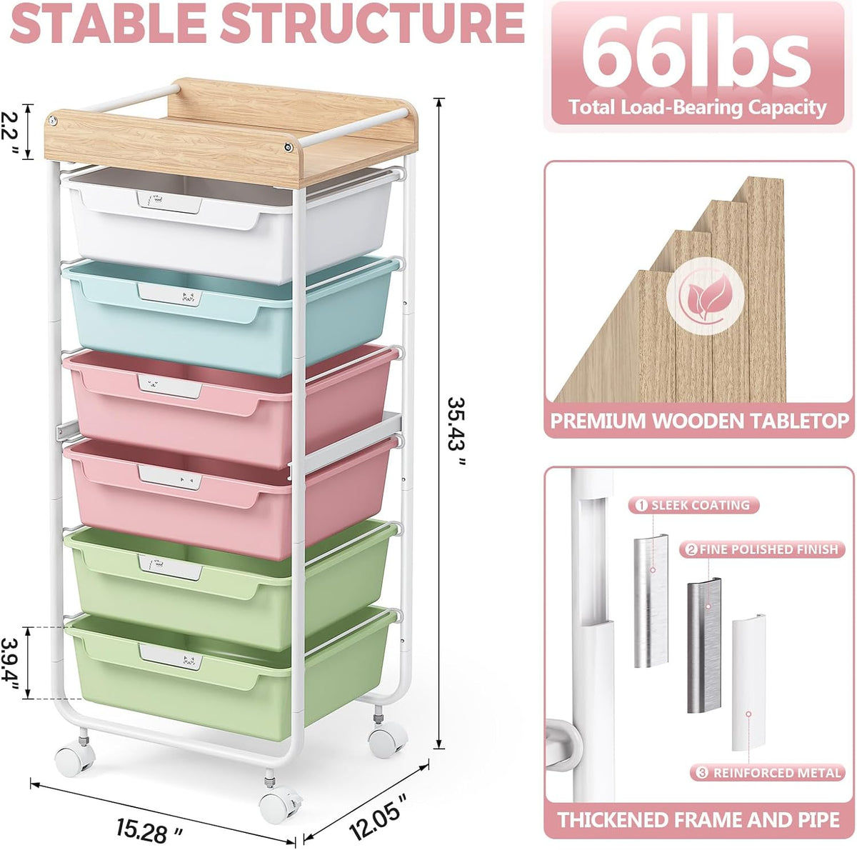Rolling Storage Utility Cart with 5 Drawers,Colorful
