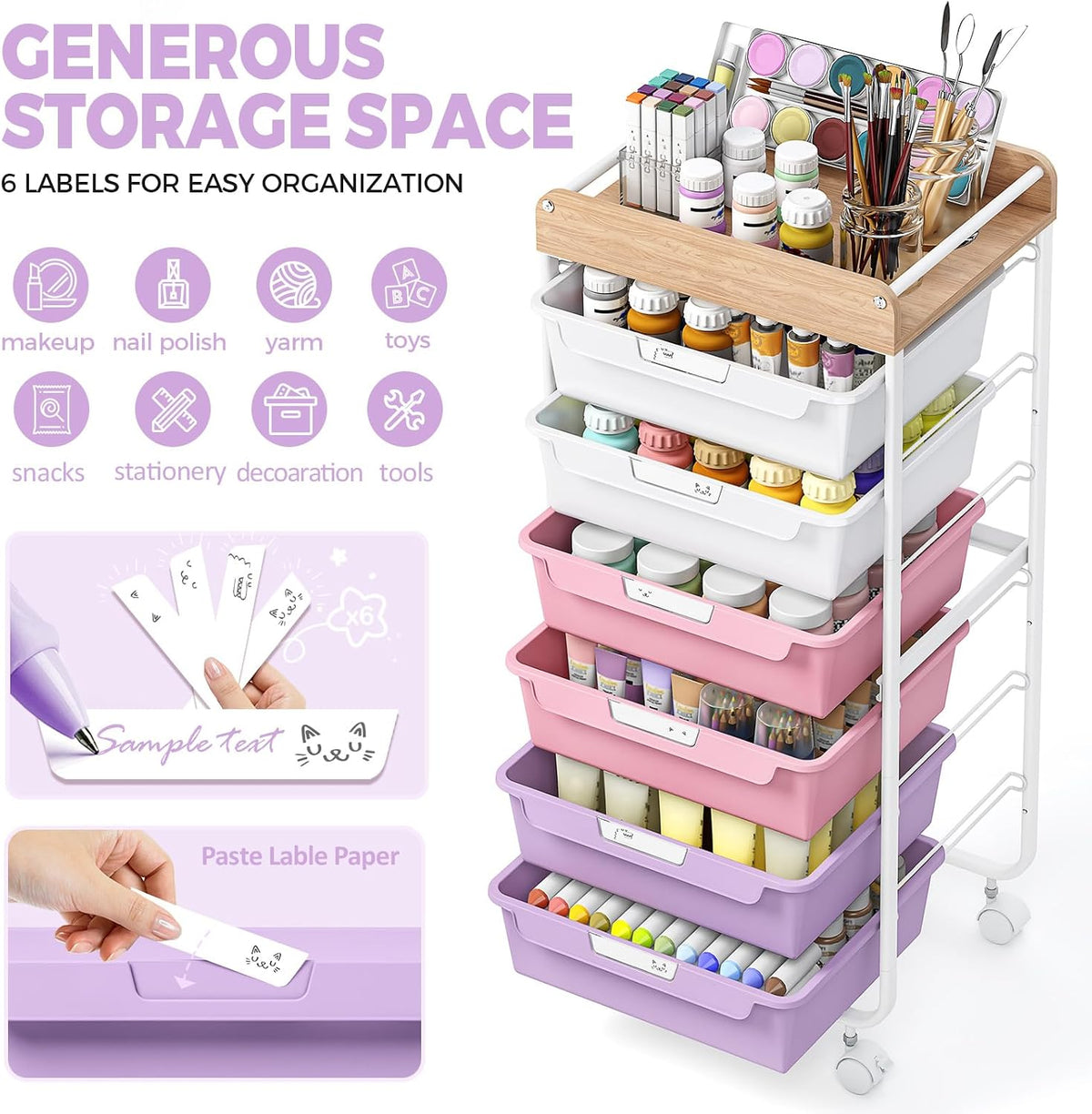 Rolling Storage Utility Cart with 5 Drawers,Colorful
