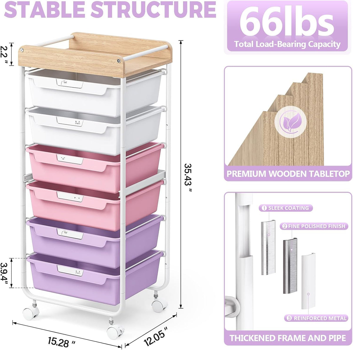 Rolling Storage Utility Cart with 5 Drawers,Colorful