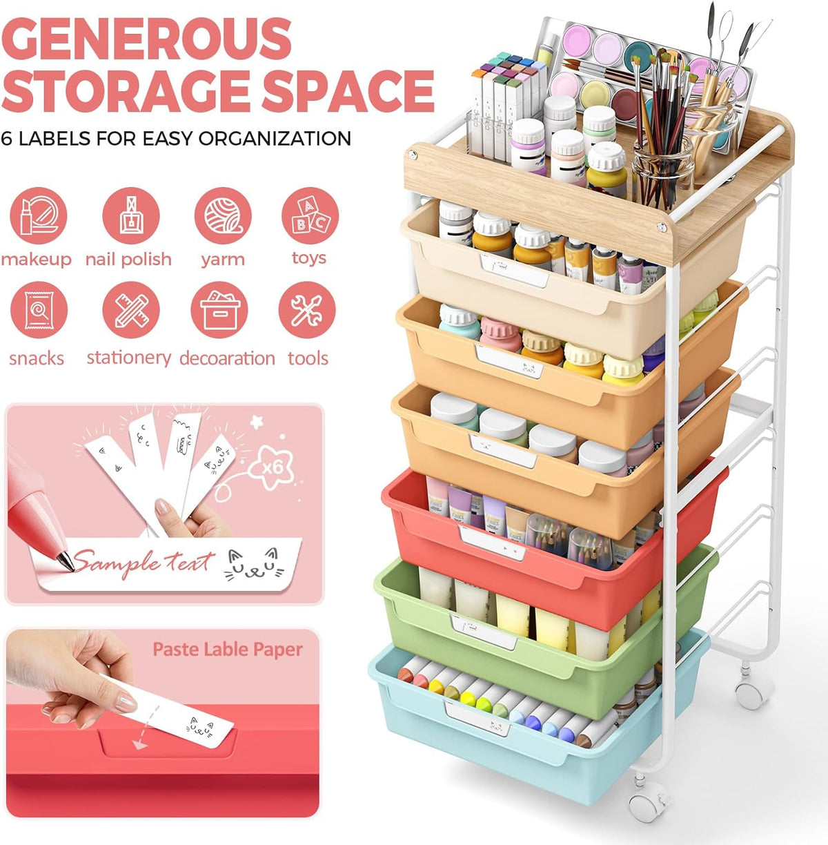 Rolling Storage Utility Cart with 5 Drawers,Colorful