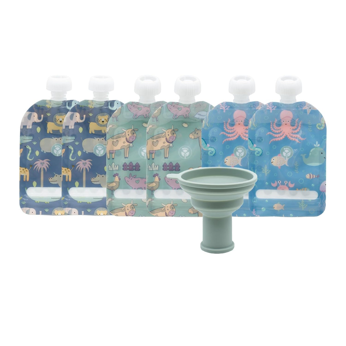 Double Zipper Reusable Food Pouches, Perfect for Babies & Toddlers, Freezer & Dishwasher Safe (Animals, 6 Piece Assortment)