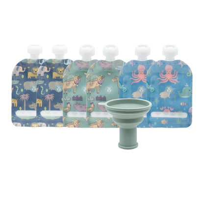 Double Zipper Reusable Food Pouches, Perfect for Babies & Toddlers, Freezer & Dishwasher Safe (Animals, 6 Piece Assortment)