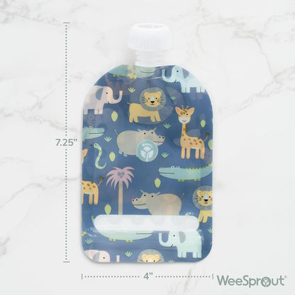 Double Zipper Reusable Food Pouches, Perfect for Babies & Toddlers, Freezer & Dishwasher Safe (Animals, 6 Piece Assortment)