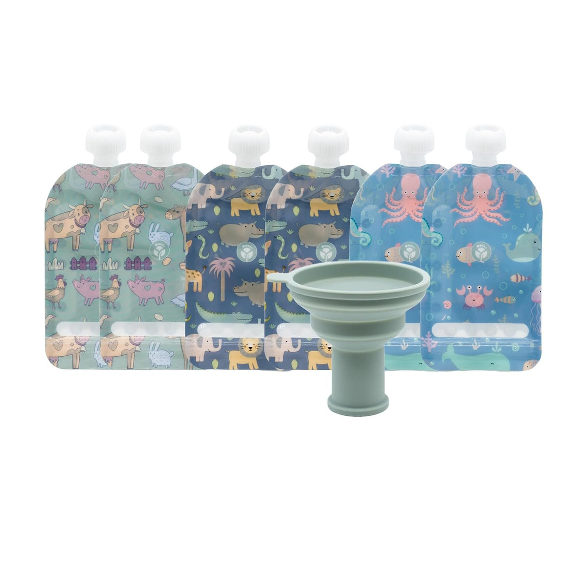 Double Zipper Reusable Food Pouches, Perfect for Babies & Toddlers, Freezer & Dishwasher Safe (Animals, 6 Piece Assortment)